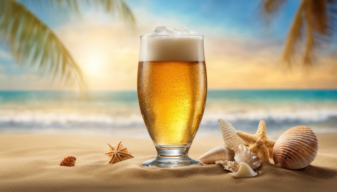 A beach setting with a glass of low carb beer, seashells, and a relaxing atmosphere capturing indulgence and relaxation.