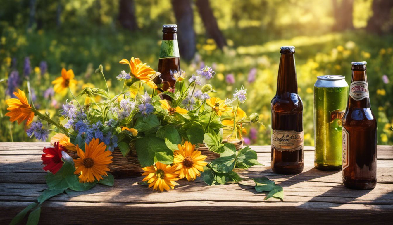 An arrangement of low-carb beer bottles and cans on a picnic table with wildflowers, evoking a relaxed summer atmosphere.