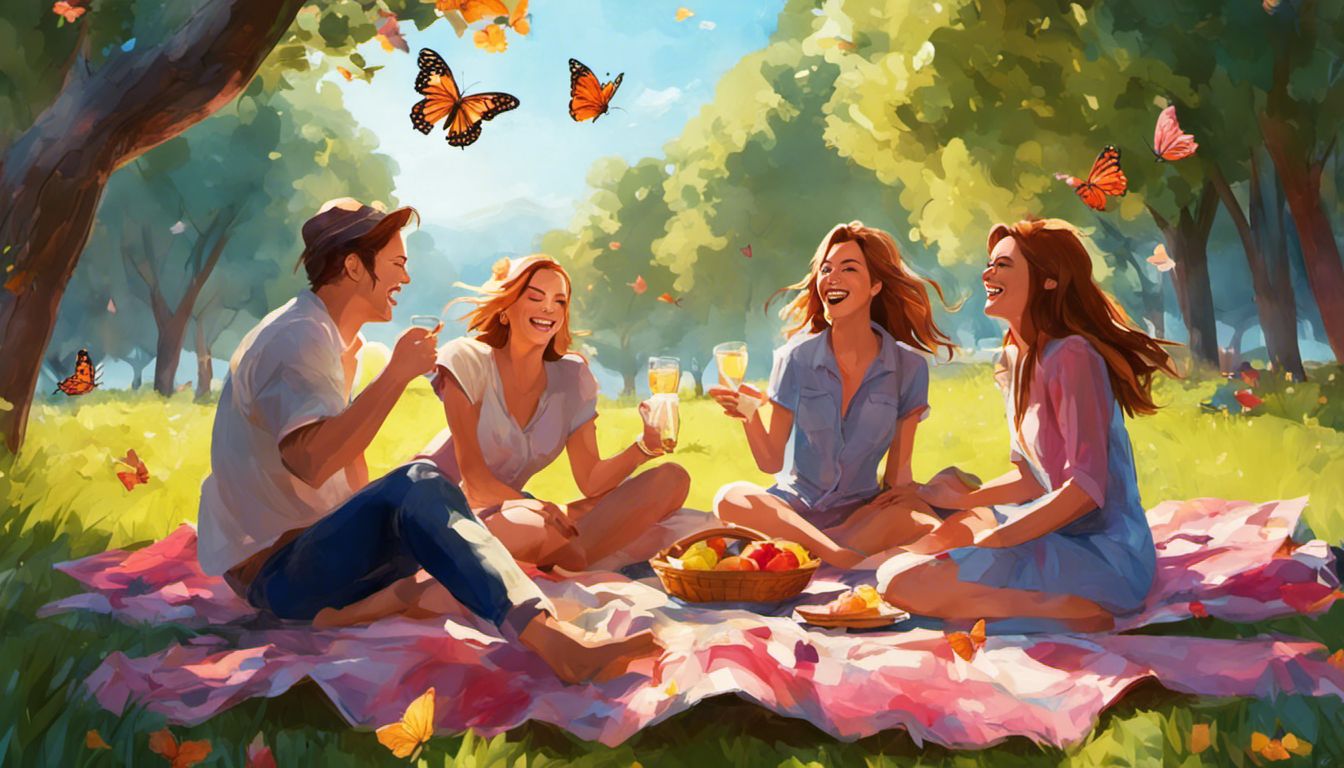 A group of Caucasian friends enjoy a picnic in a beautiful park, surrounded by nature, laughter, and camaraderie.