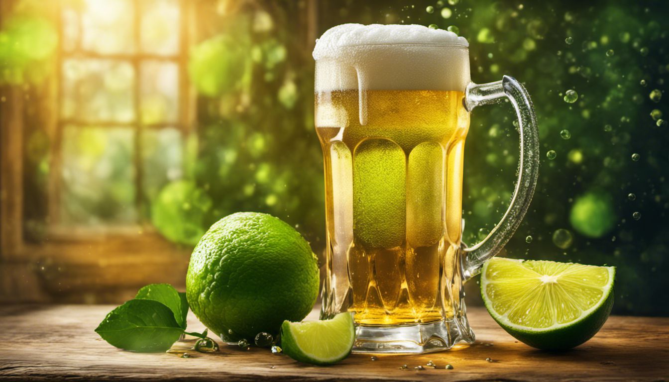 A golden light beer with a lime slice and hop cones, emphasizing its refreshing and crisp qualities.