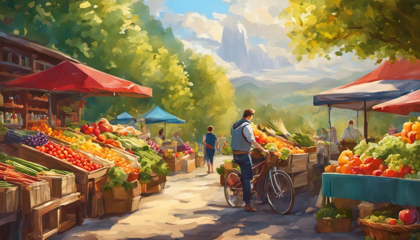 A person enjoys a low carb beer at a farmers market filled with fresh produce and surrounded by beautiful nature.