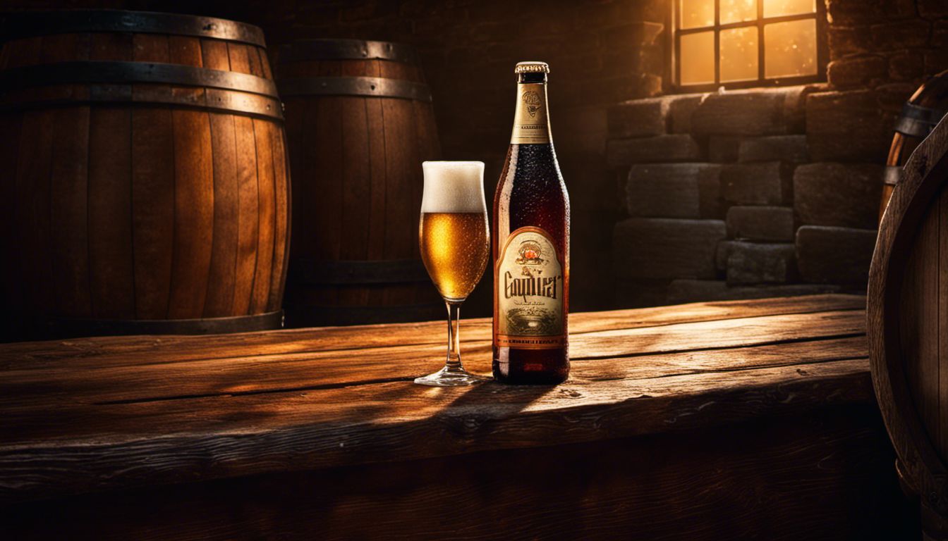 Cold beer bottle in a wine cellar with nostalgic ambiance.