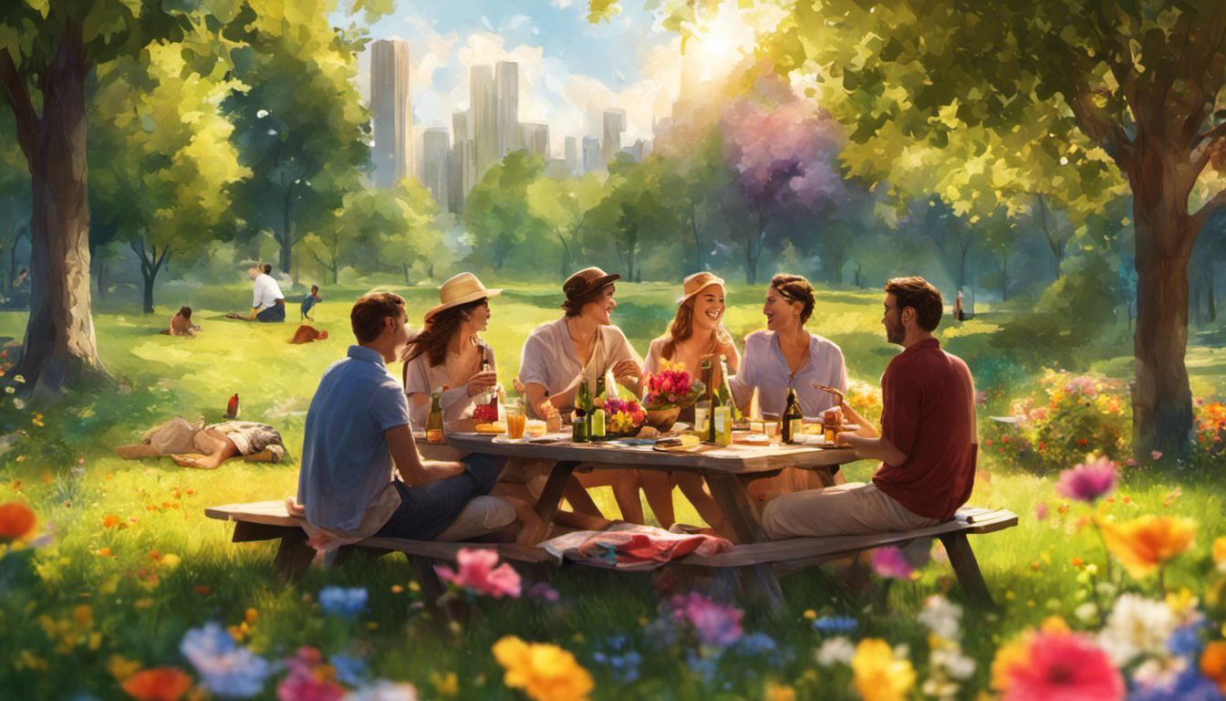Friends enjoying a sunny picnic in a flower-filled park with beer.