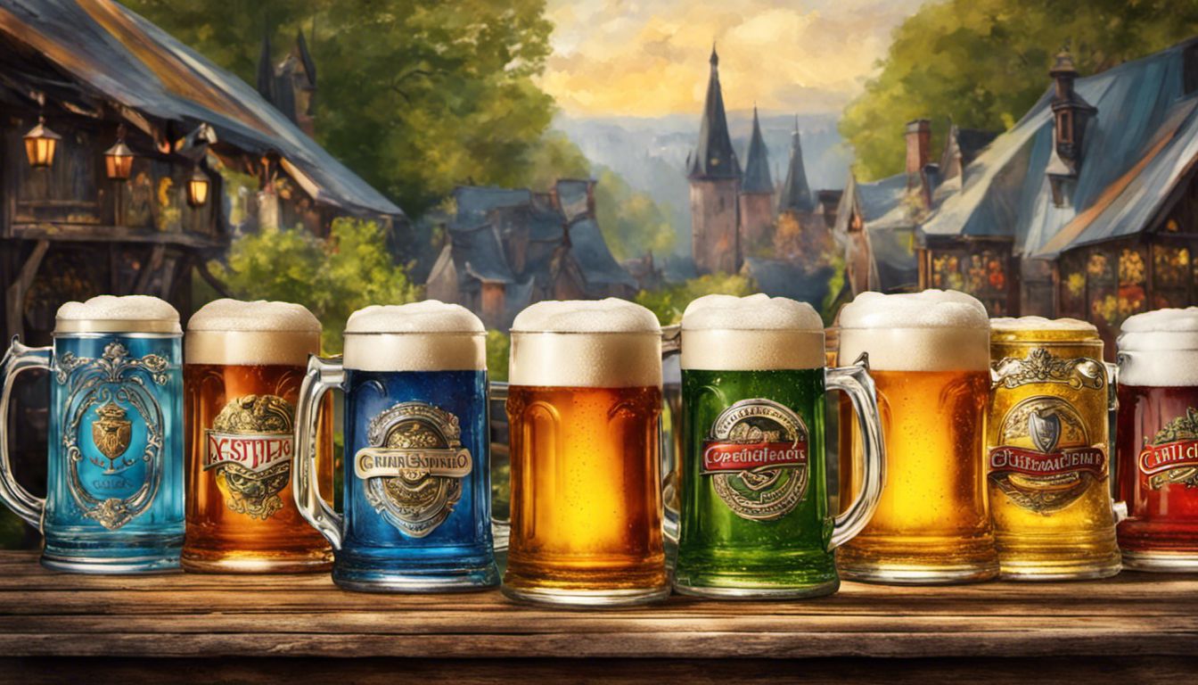 Colorful German beer steins in a lively beer garden showcase craftsmanship.