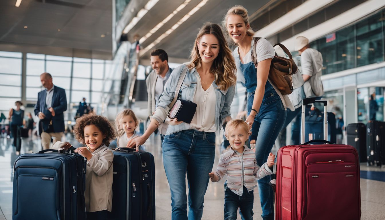 Happy diverse family boarding a plane with luggage and passports.
