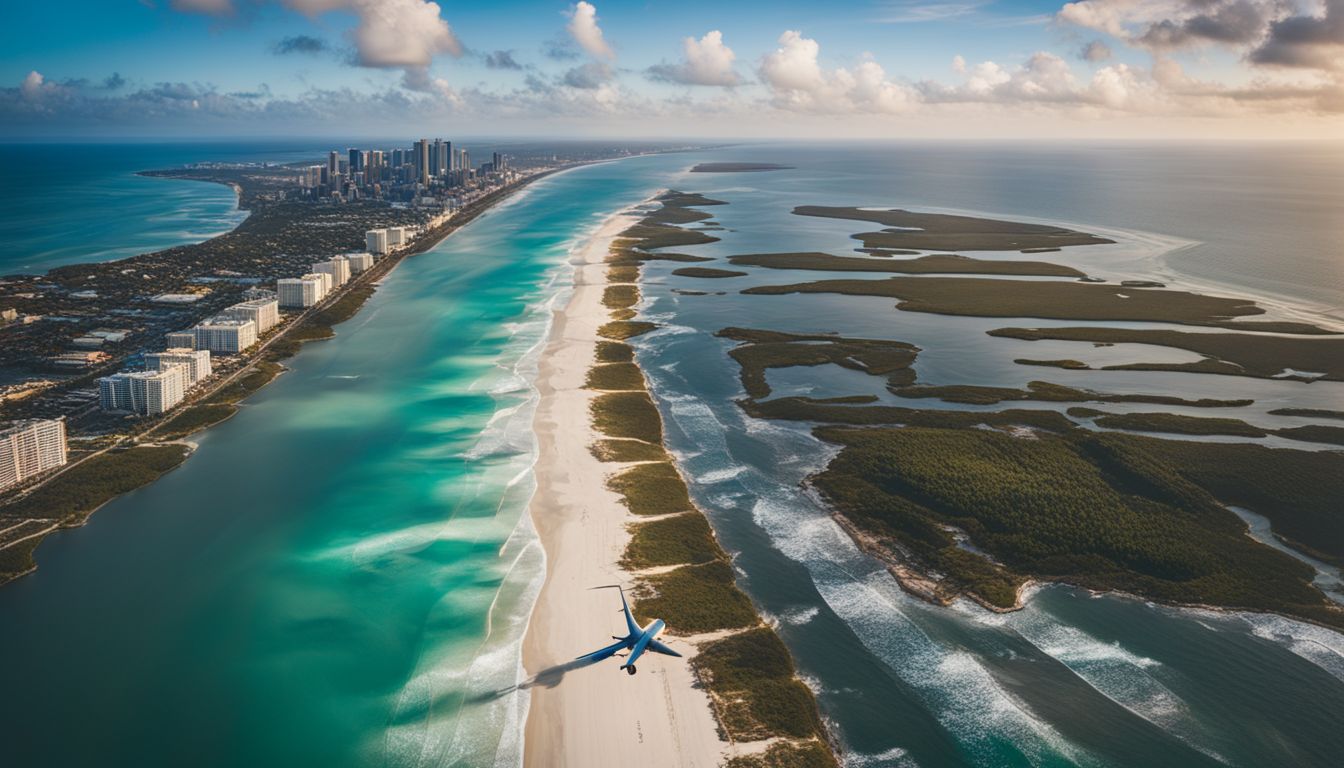 An airplane flies over Florida's stunning coastline with diverse people.
