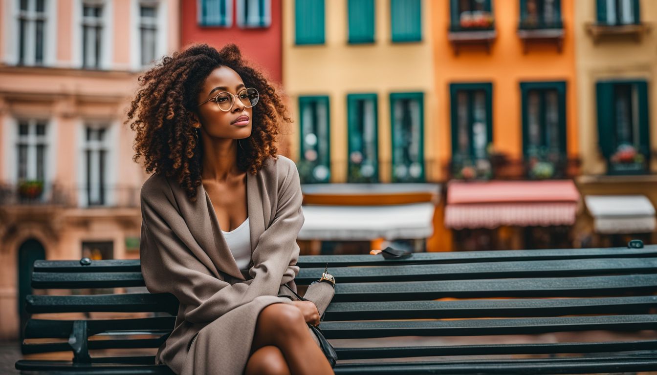 A woman sitting on a bench in a charming European city.
