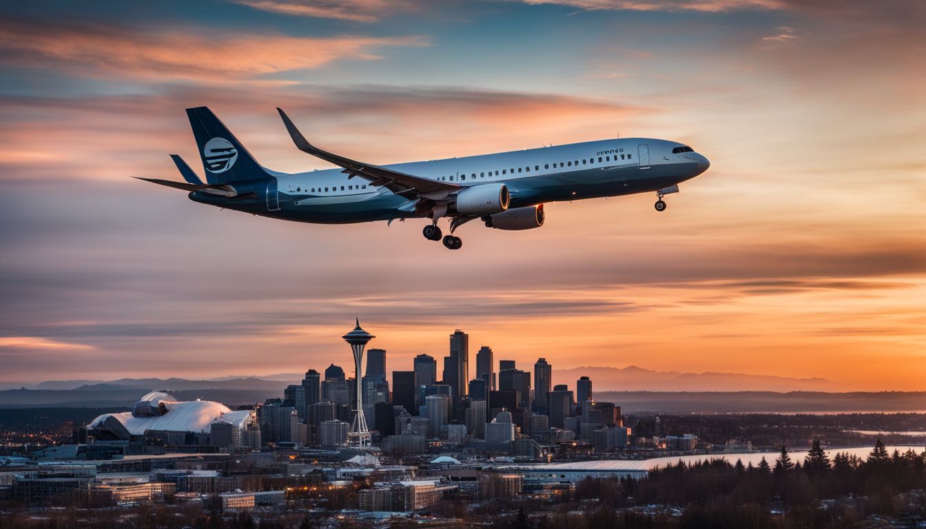 A photo of an airplane taking off at sunset in Seattle.