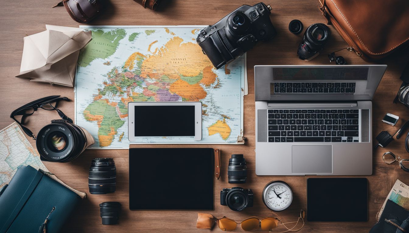 Travel photography with a laptop, map, and various travel essentials.