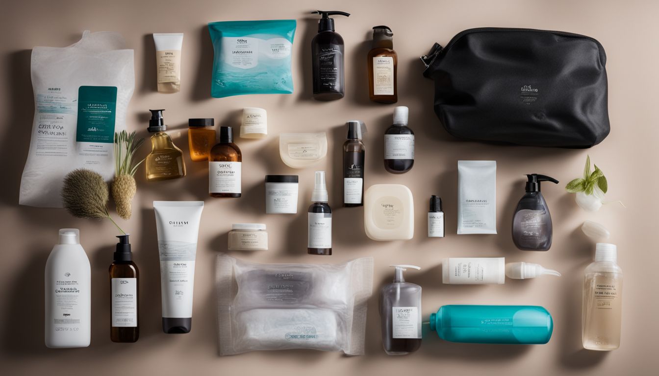 A Collection Of Travel-Sized Toiletries And Liquid Containers Captured In A Detailed And Vibrant Photograph.