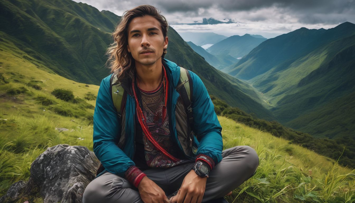 a person sitting in nature surrounded by diverse landscapes and people.