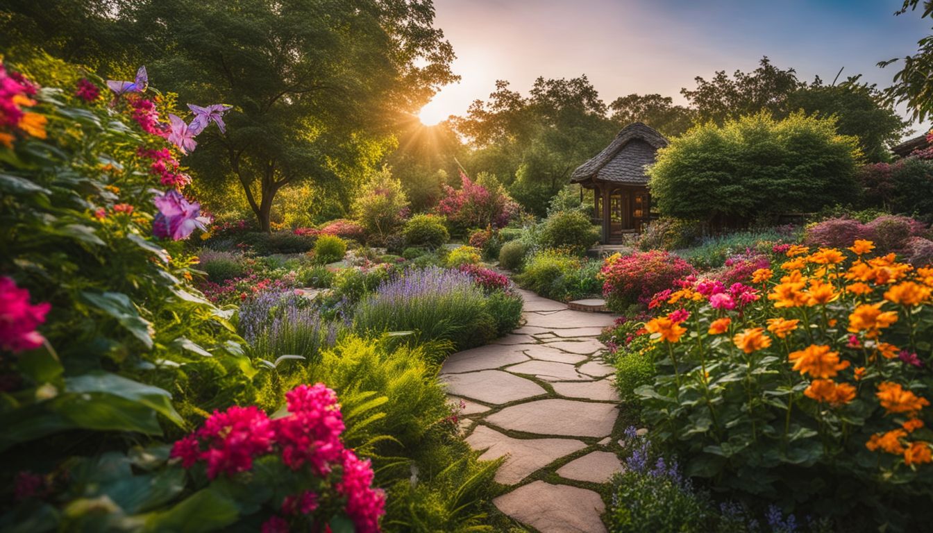 a vibrant garden filled with flowers, butterflies, and diverse people.