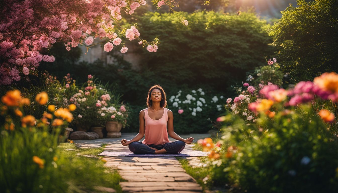 a person meditating in a colorful garden surrounded by blooming flowers.