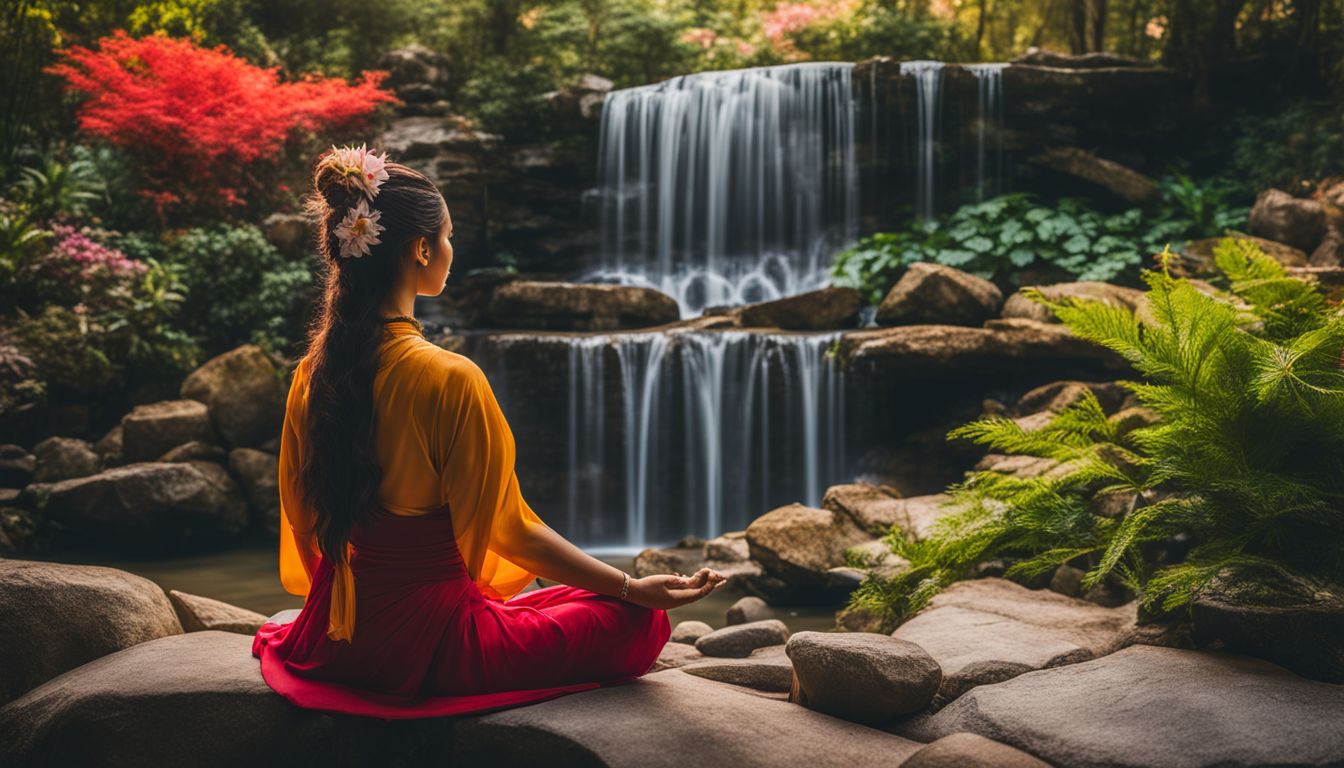 a vibrant meditation garden with flowers, waterfall, and diverse people.