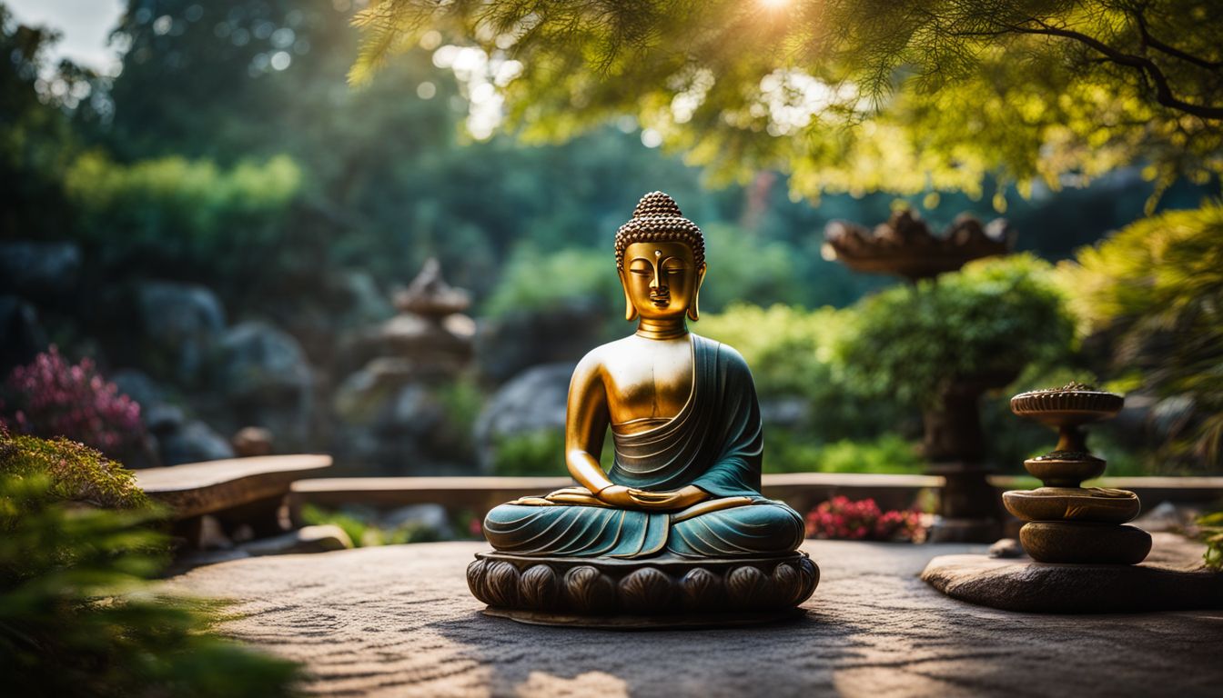 a serene zen garden with a meditating buddha statue.