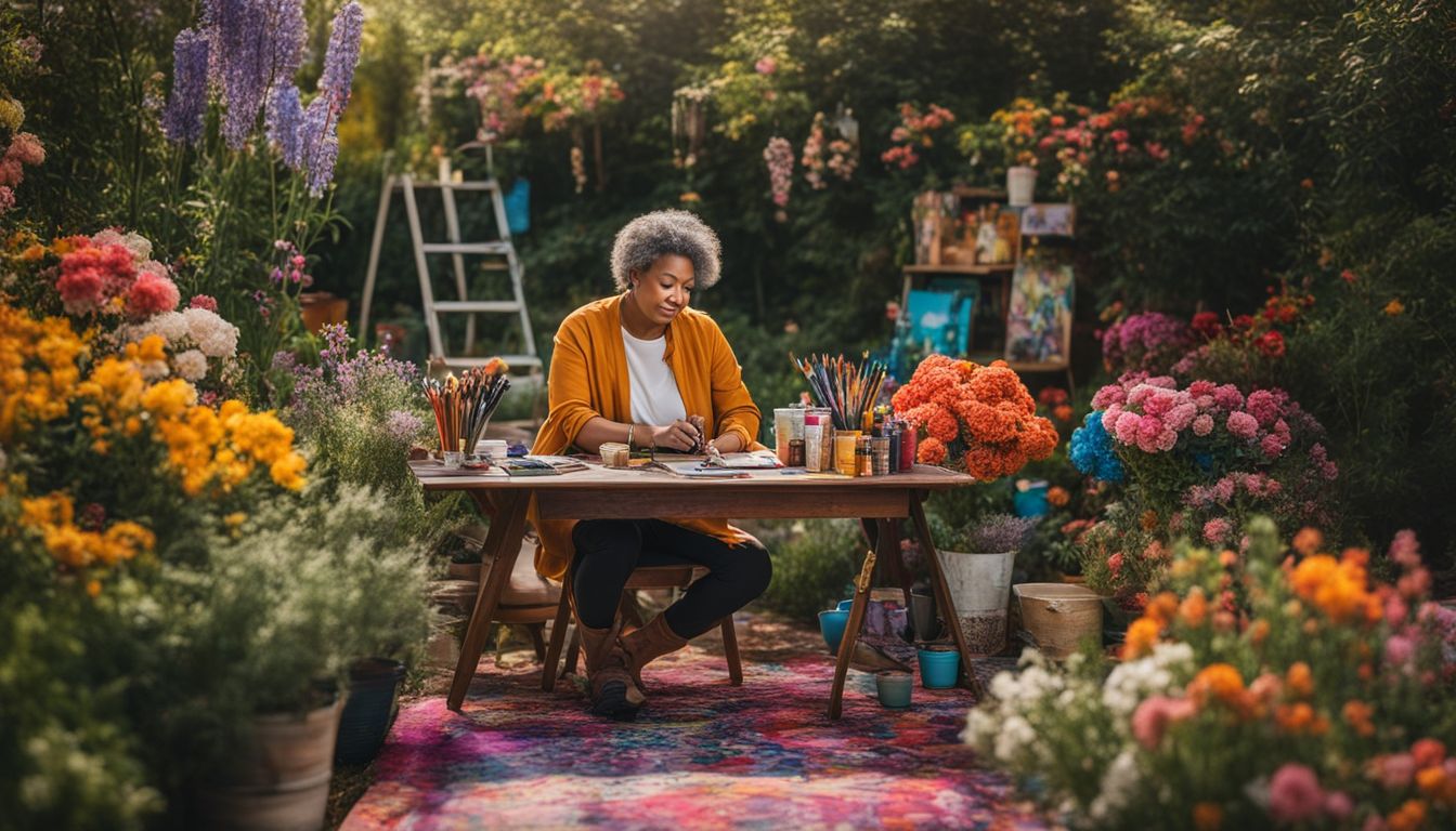 an artist painting in a garden surrounded by colorful flowers.