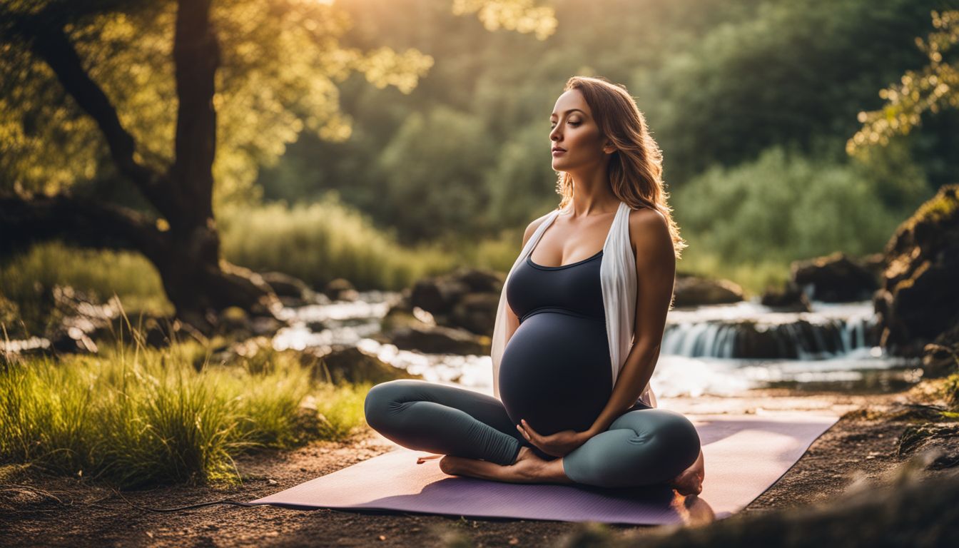 A pregnant woman doing yoga poses outdoors surrounded by nature.