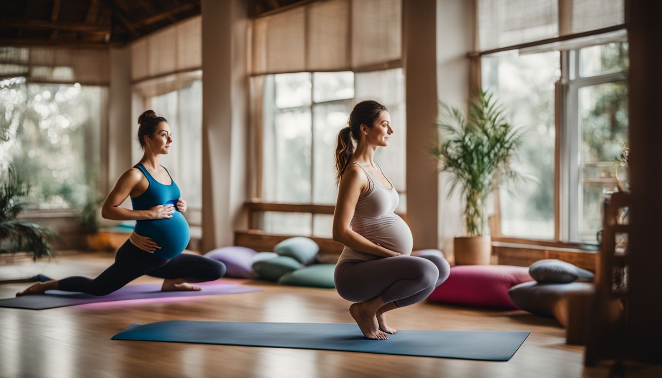 A pregnant woman practicing yoga in a peaceful studio surrounded by others.