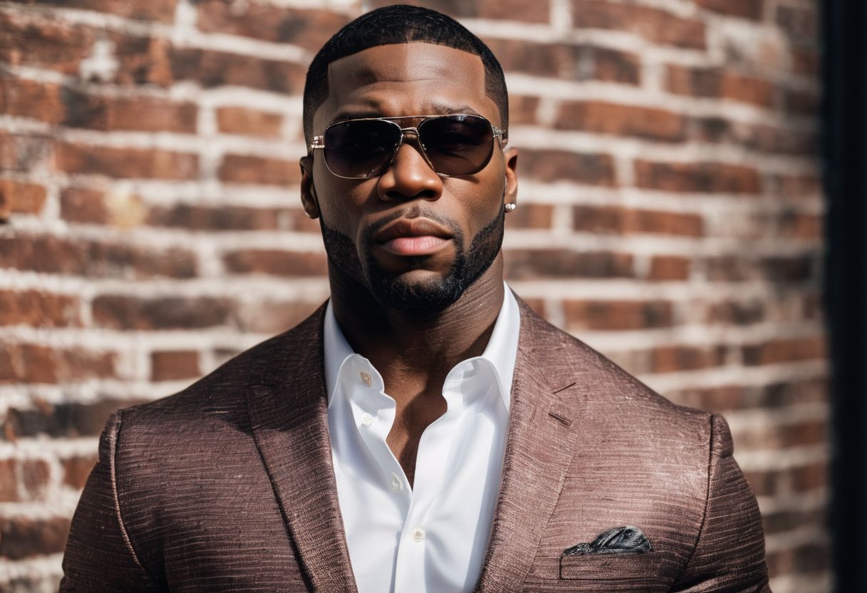 Confident 50 Cent in front of brick wall, showcasing different styles.