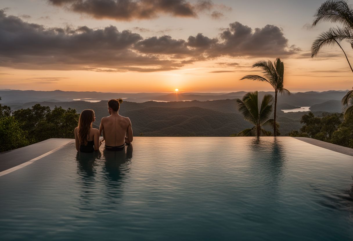 A couple relaxing in a private infinity pool at sunset.