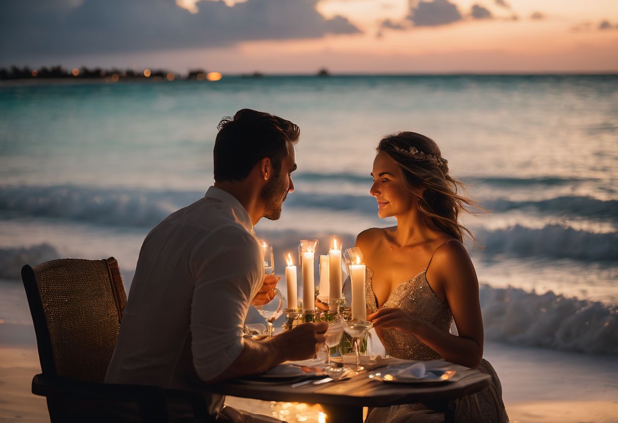 Caucasian couples enjoy candlelit beach dinner at a Cancun resort.