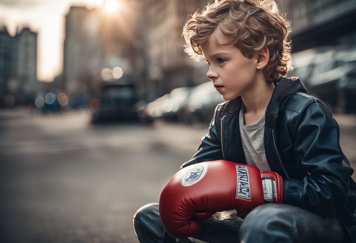 Young Caucasian boy with boxing gloves sitting on city street.