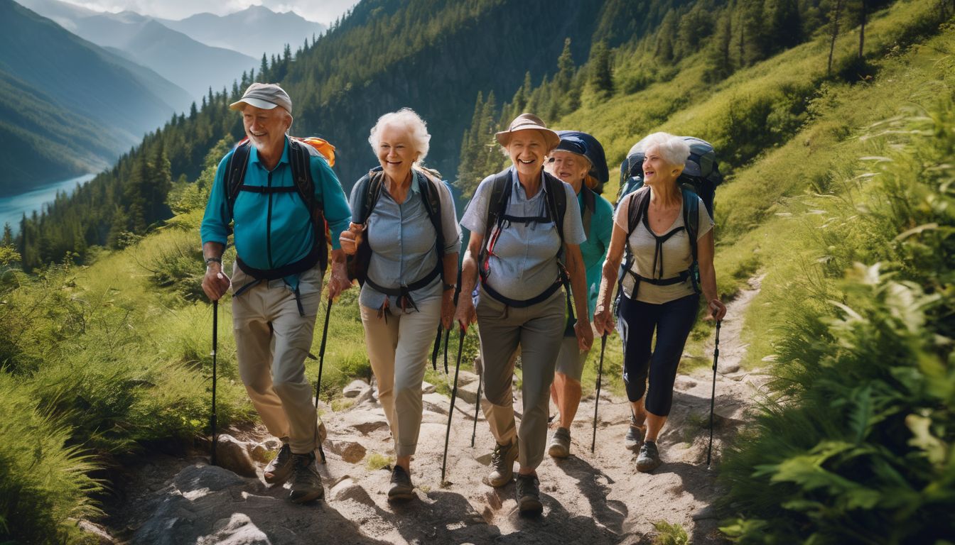 A diverse group of seniors enjoying a scenic mountain hike together.