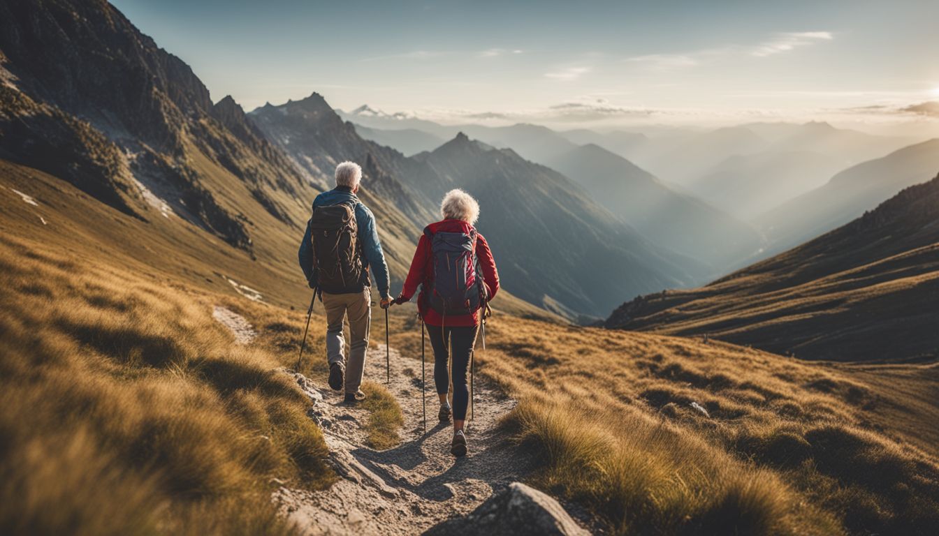 An elderly couple hiking in a scenic mountain landscape with backpacks.
