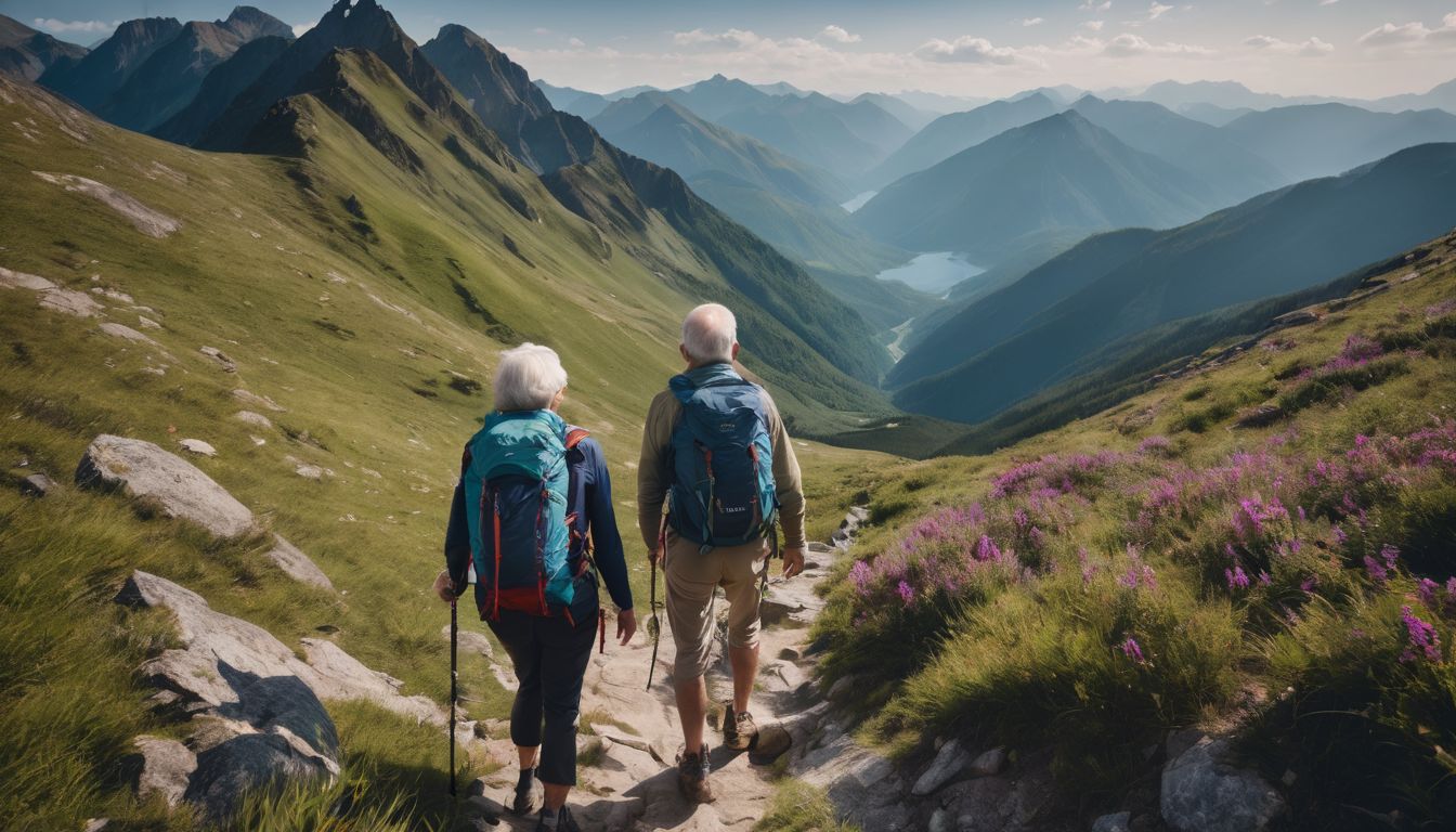 Elderly couple hiking on a scenic mountain trail surrounded by nature.