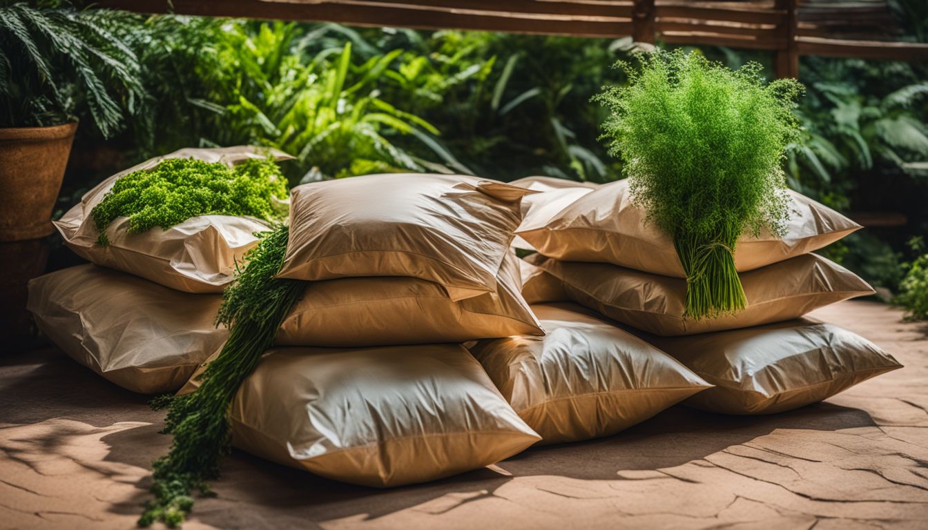 A photo of compostable bags with a vibrant green background, featuring various people and nature photography elements.