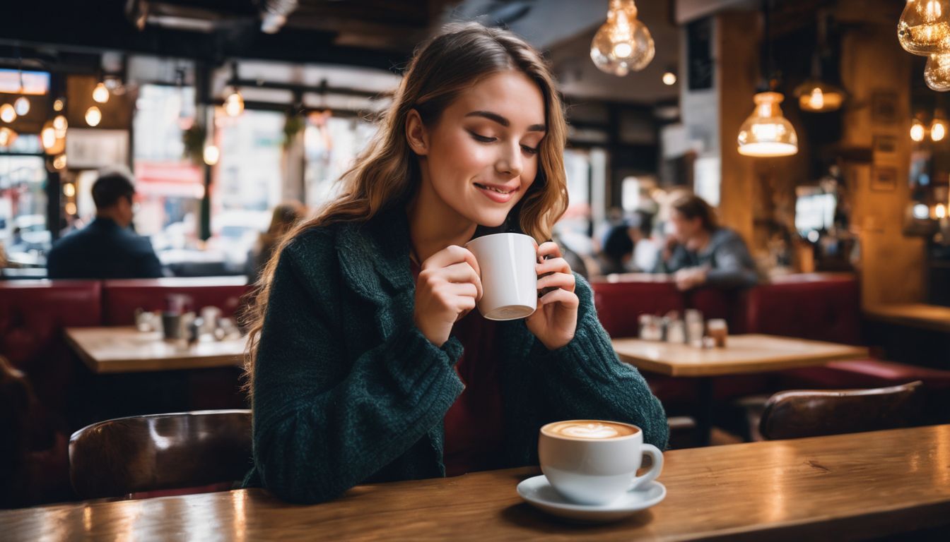 A person enjoying coffee in a cozy coffee shop with a diverse crowd and cityscape view.