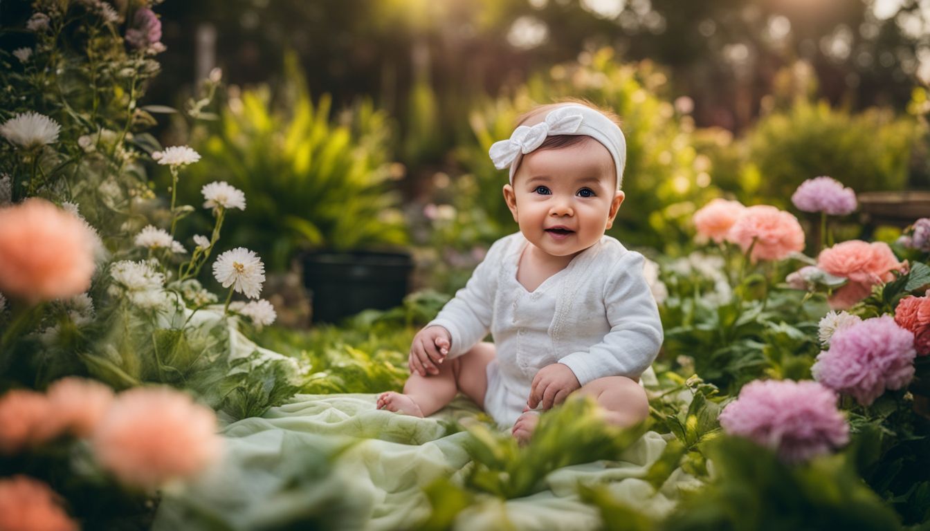 An adorable baby sits on compostable diapers in a blooming garden.