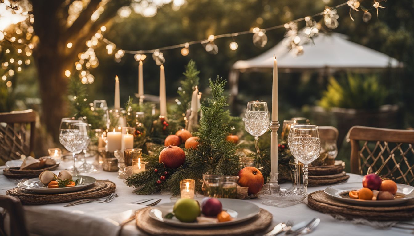 A festive table setting with compostable holiday items in a natural outdoor environment, surrounded by diverse people and well-lit.