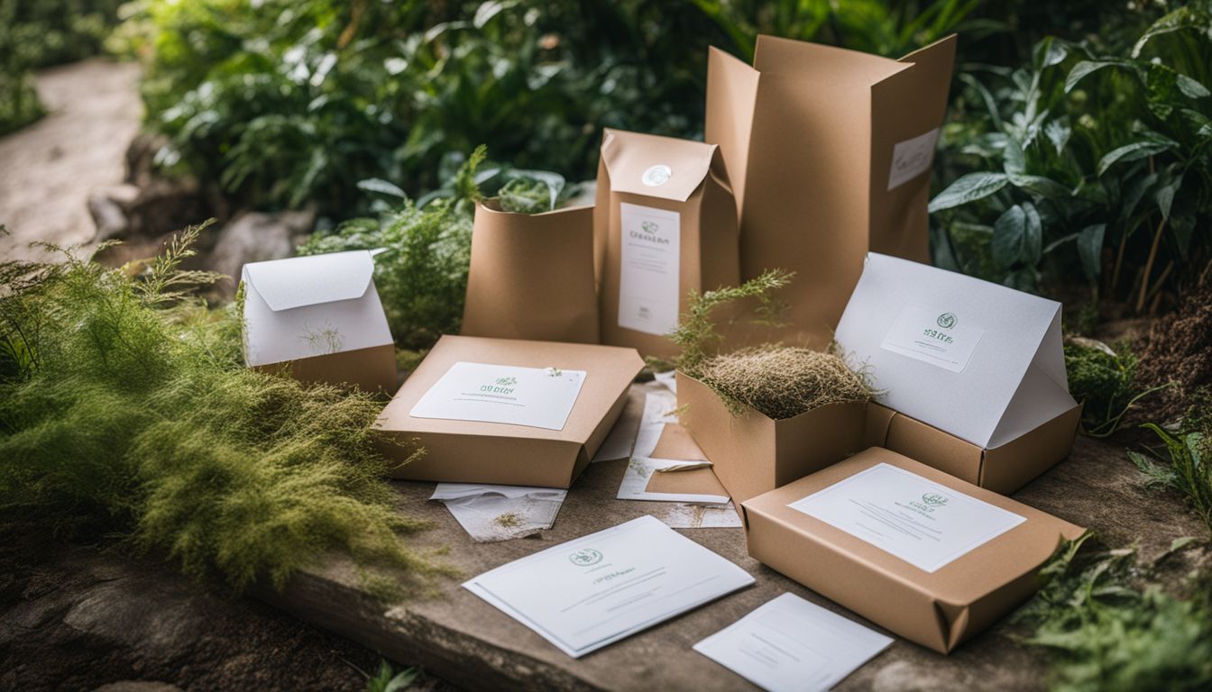 A photo of compostable packaging surrounded by a diverse group of people in a lush garden setting.
