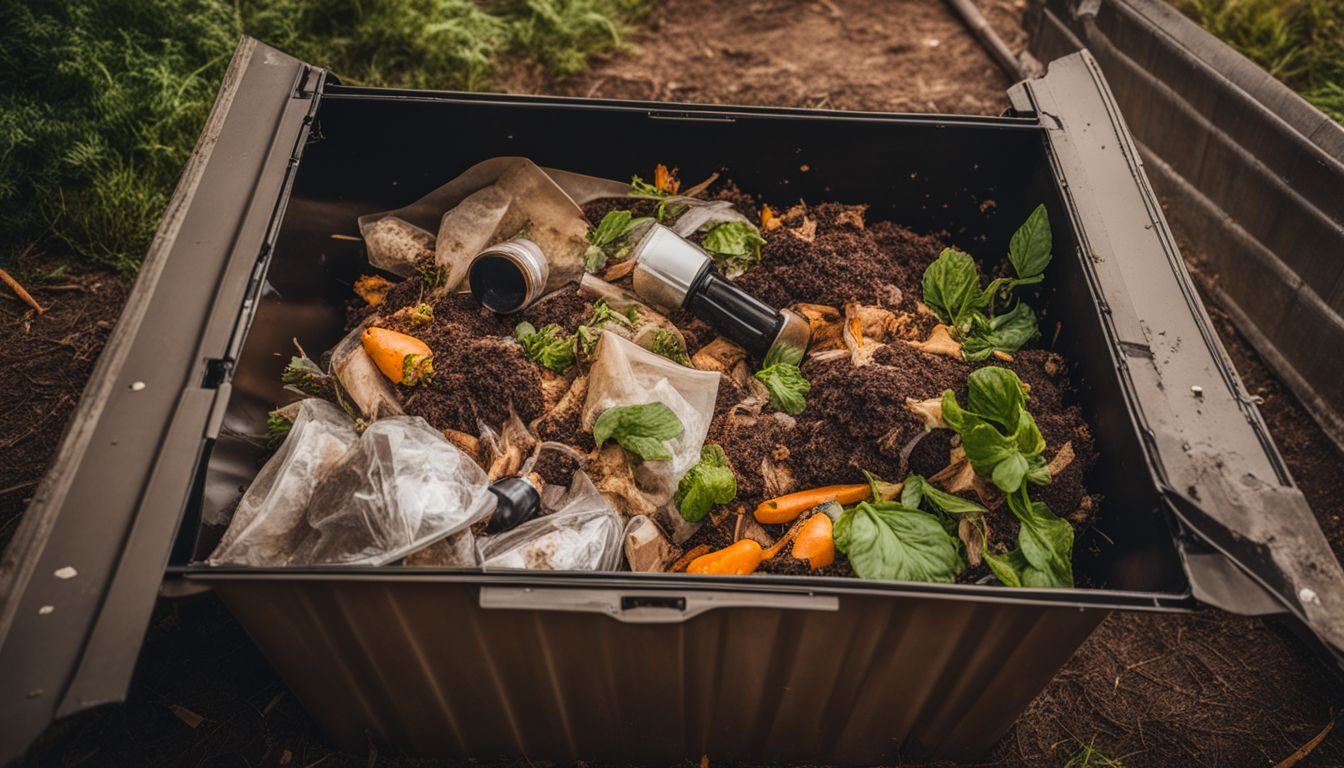 A compost bin surrounded by compostable pet and animal waste items, captured in a natural and vividly detailed photo.