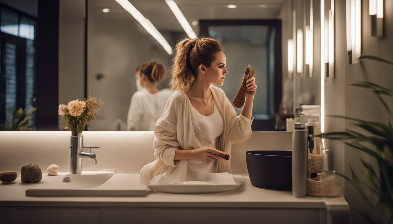 The image features a Caucasian woman in a modern bathroom holding a wooden toothbrush and composting bin.