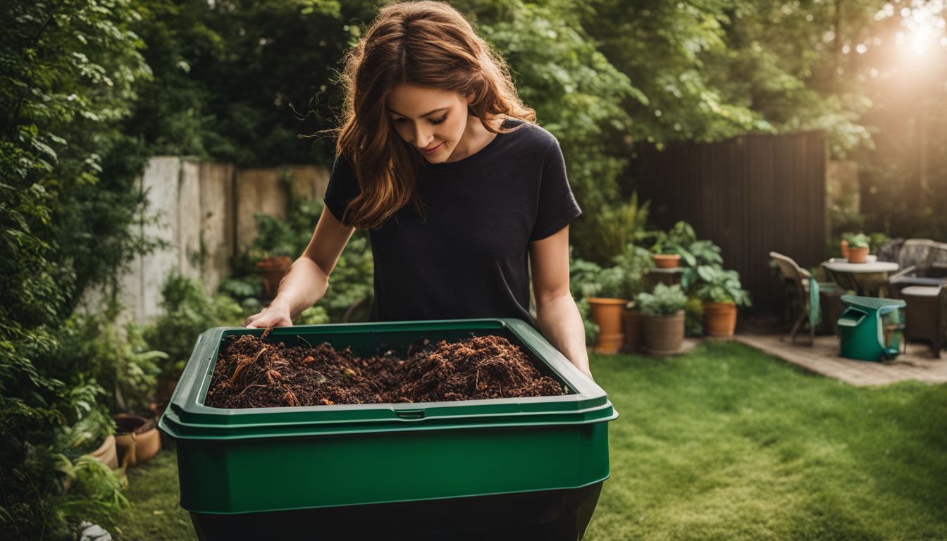 A person in a garden holding a compost bin with a mix of waste, surrounded by diverse individuals in a bustling atmosphere.