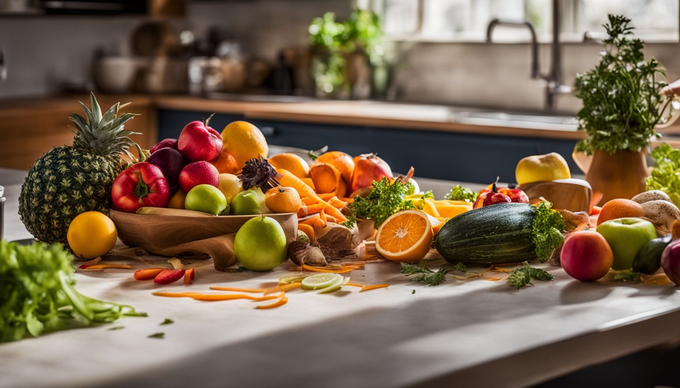 A colorful assortment of compostable fruit and vegetable scraps on a vibrant kitchen counter.