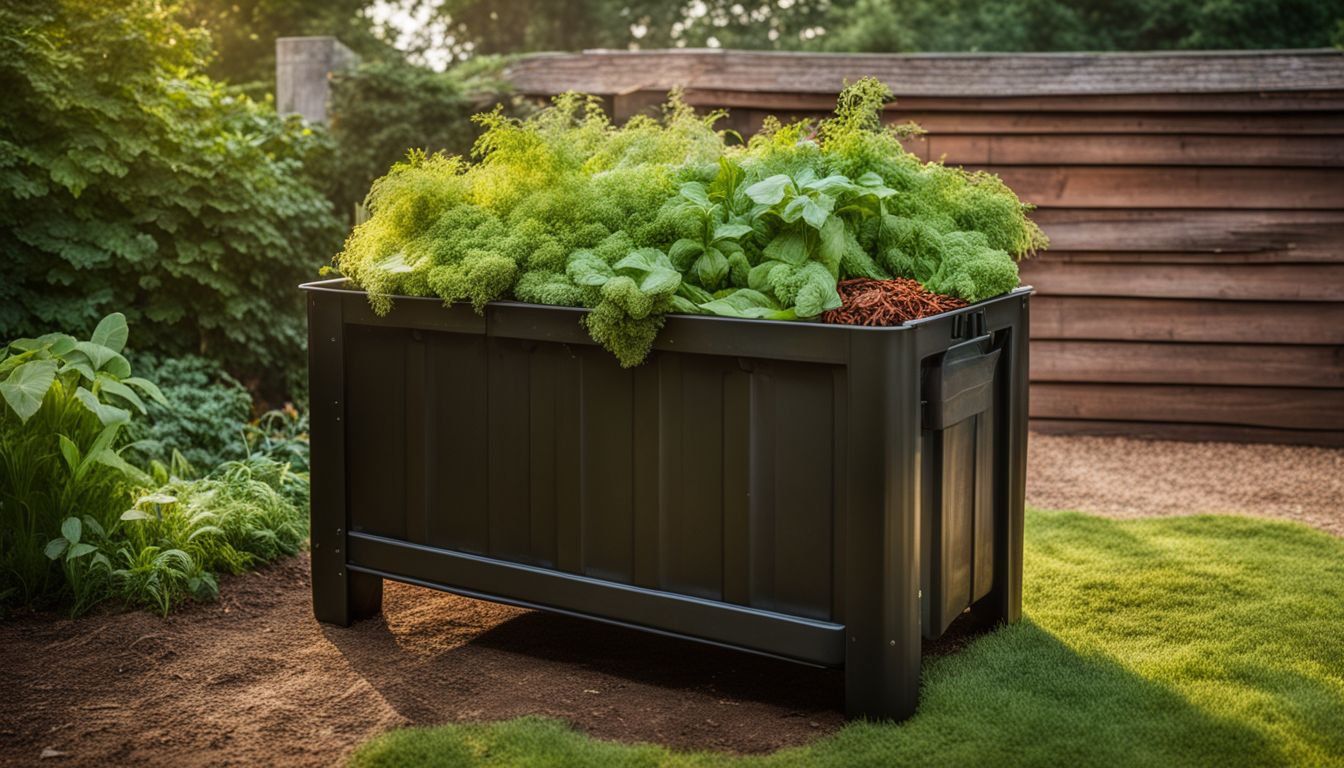 A compost bin surrounded by a lush garden, with people of diverse appearances and clothing, in a vibrant atmosphere.