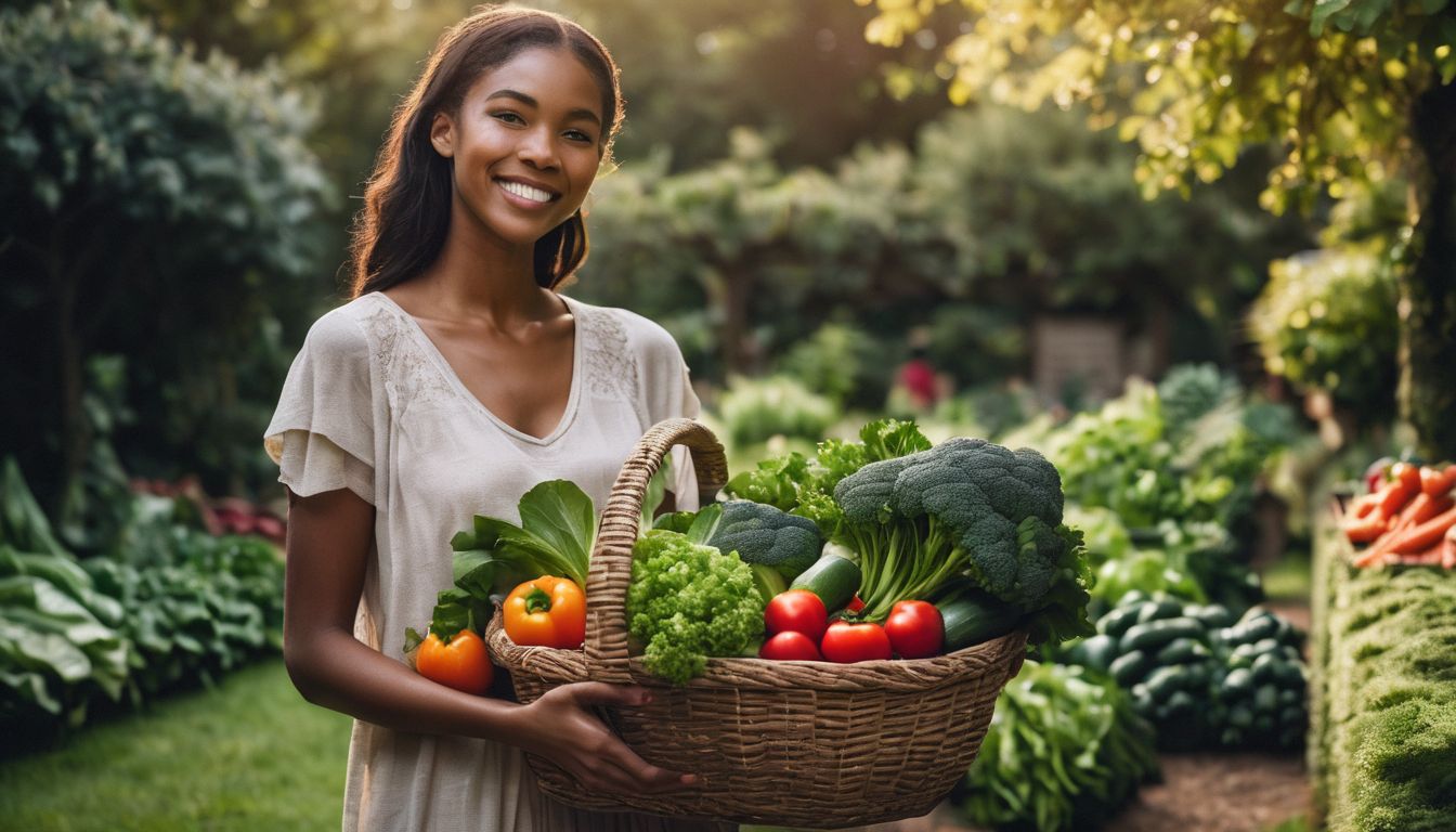 A person holding a basket of fresh vegetables in a lush garden, with diverse people and a bustling atmosphere.