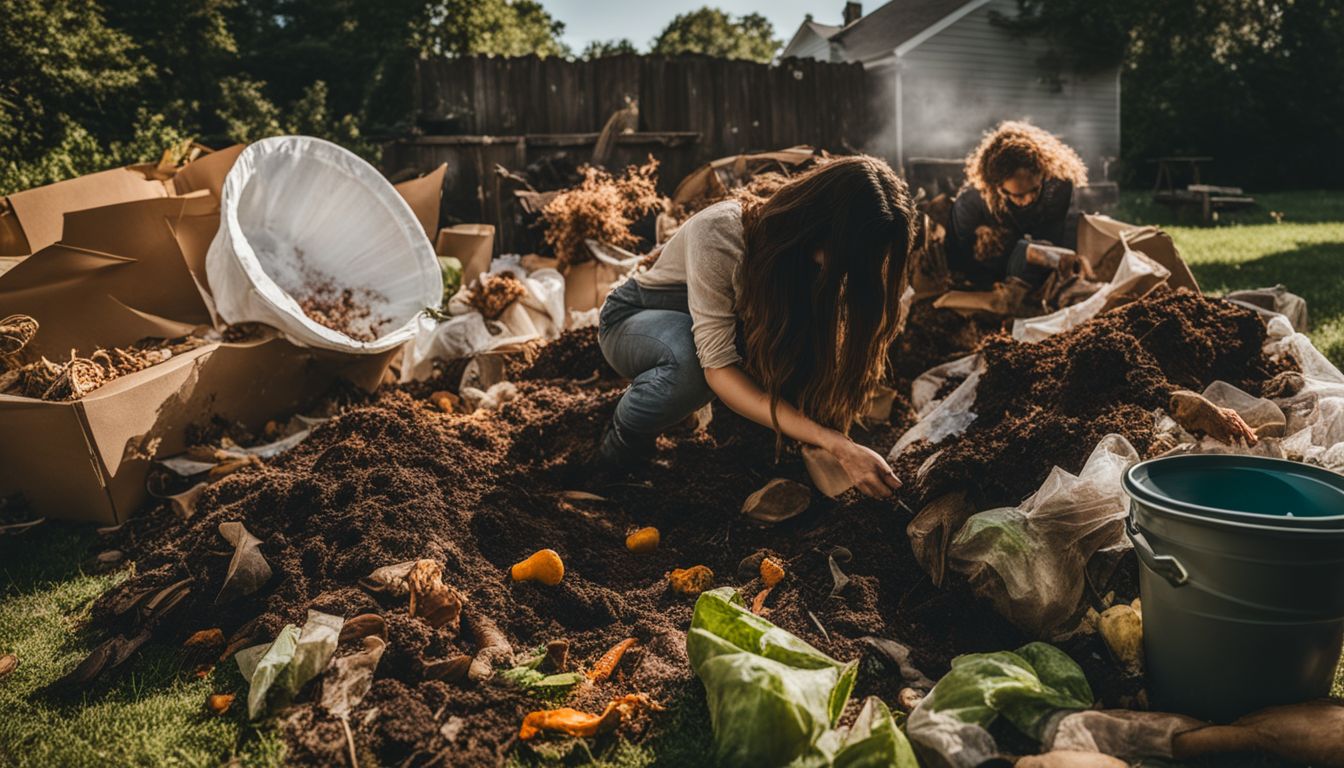 A backyard compost pile breaking down a variety of compostable and biodegradable items.