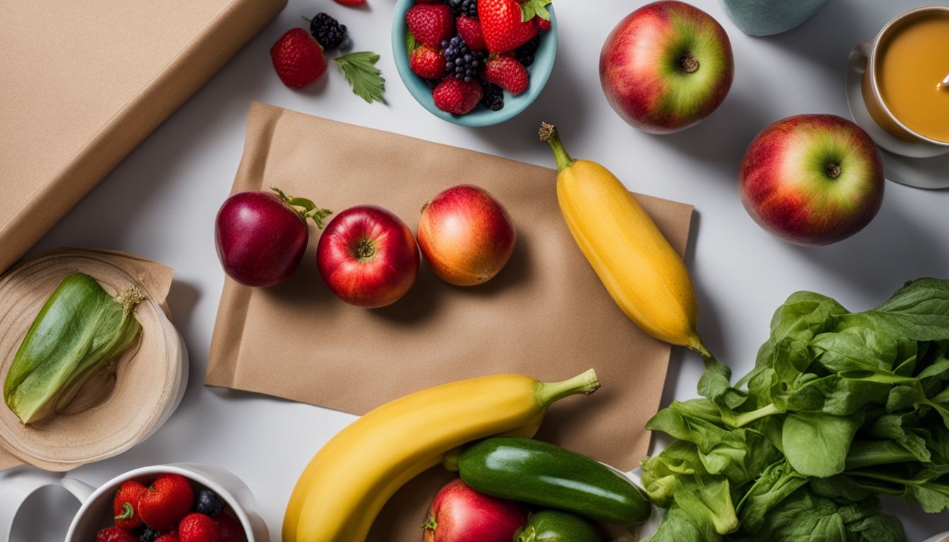 A vibrant still life photograph featuring compostable bags, coffee cups, and packaging among a variety of fresh fruits and vegetables.