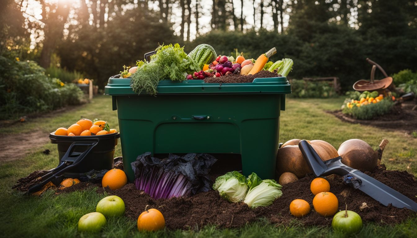 A compost bin filled with fruit and vegetable scraps, surrounded by garden tools and various people in different appearances.