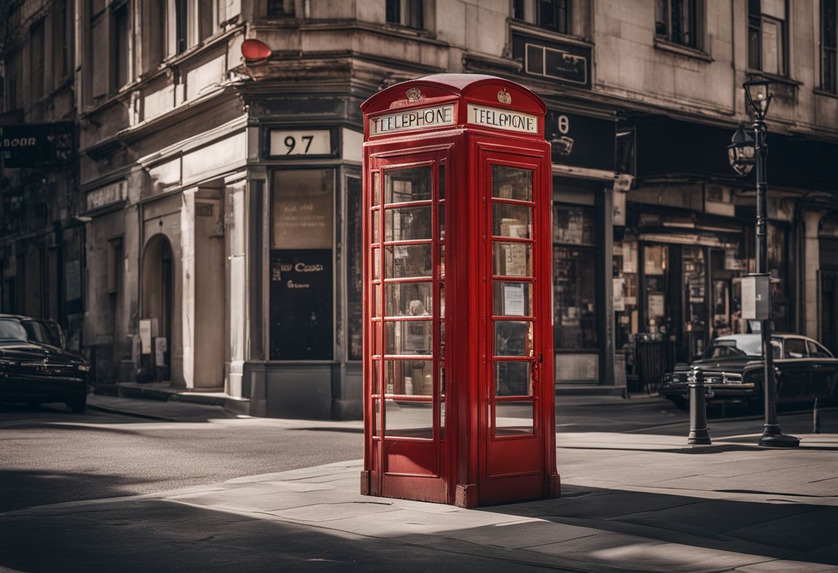 A vintage telephone booth in a bustling city with diverse people.