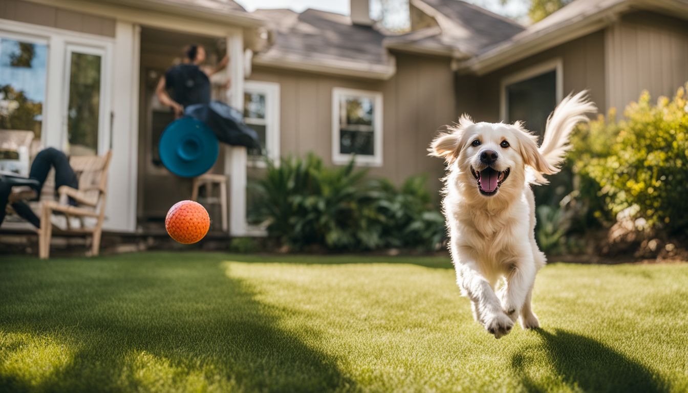 A dog playing fetch in a pet-friendly backyard of a rental.