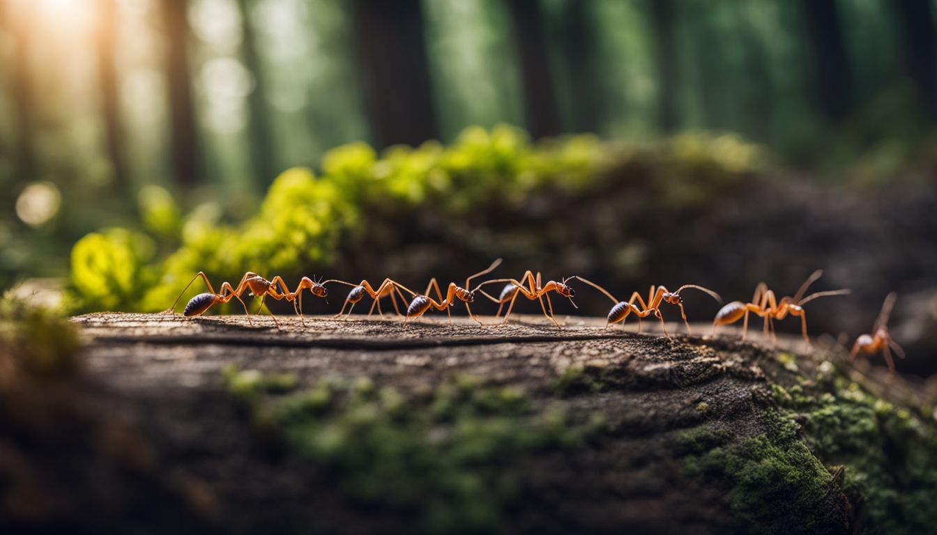 Close-up photo of diverse ants marching in a forest setting.
