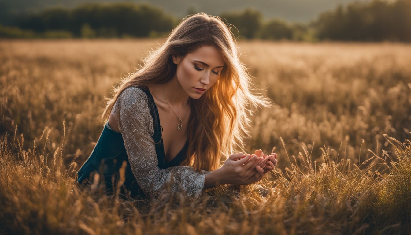 A Caucasian woman praying in a field surrounded by ants.