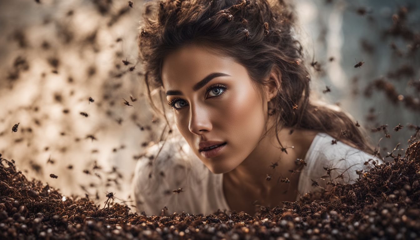A person overwhelmed by crawling ants in a detailed, cinematic photo.