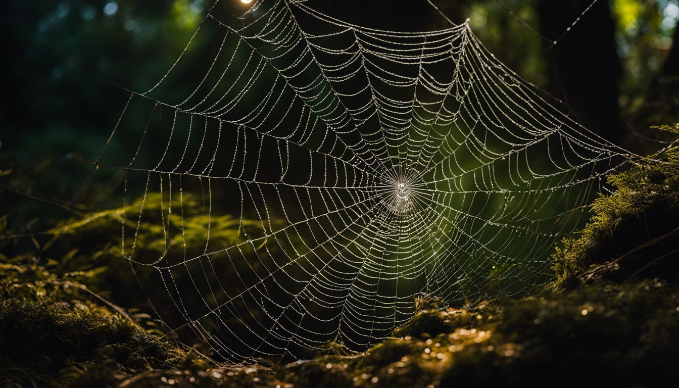 A detailed photo of a spiderweb in a moonlit forest.