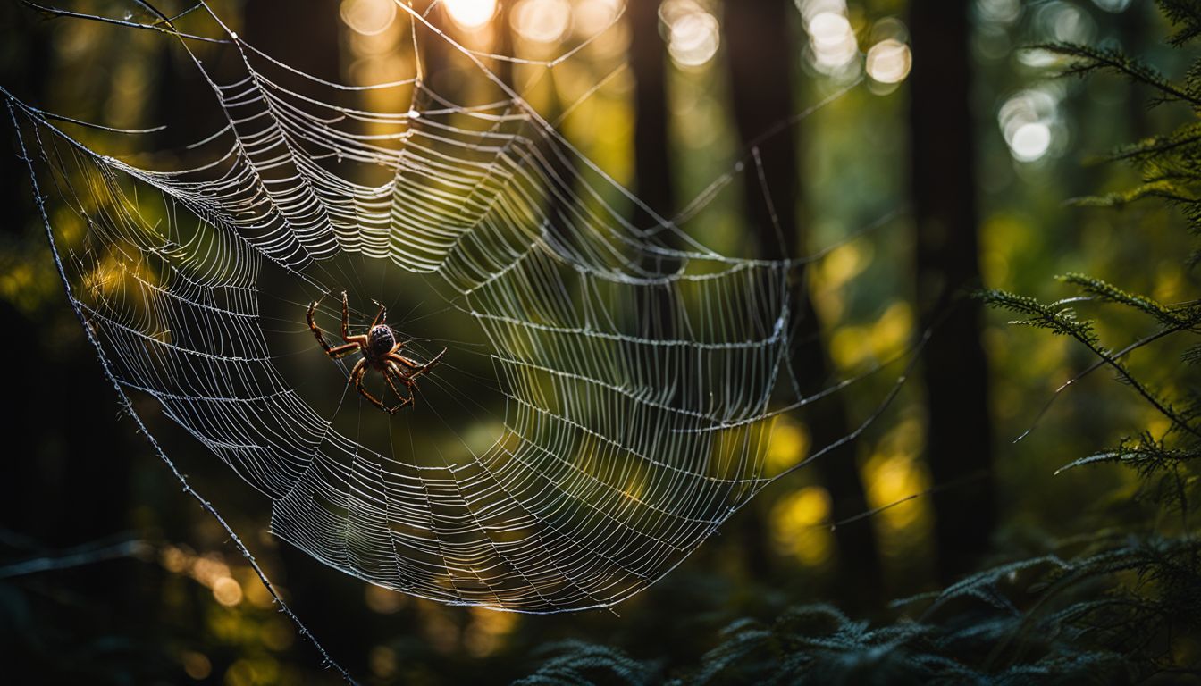 A photo of a spider weaving an intricate web in a forest.